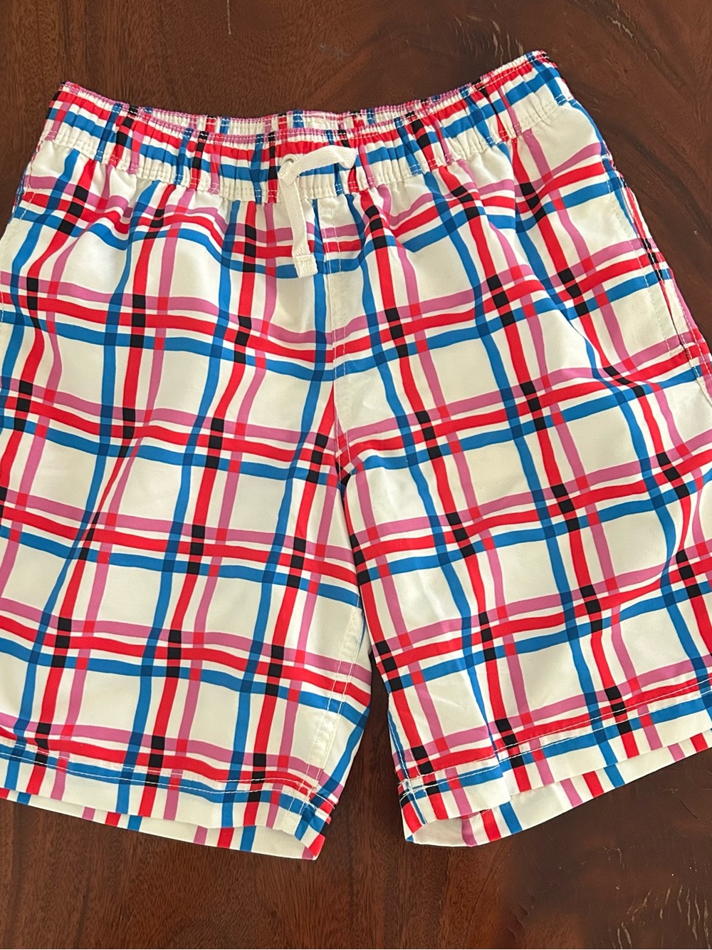 Hanna Andersson White Plaid Swim Trunks with Red, blue, pink Check